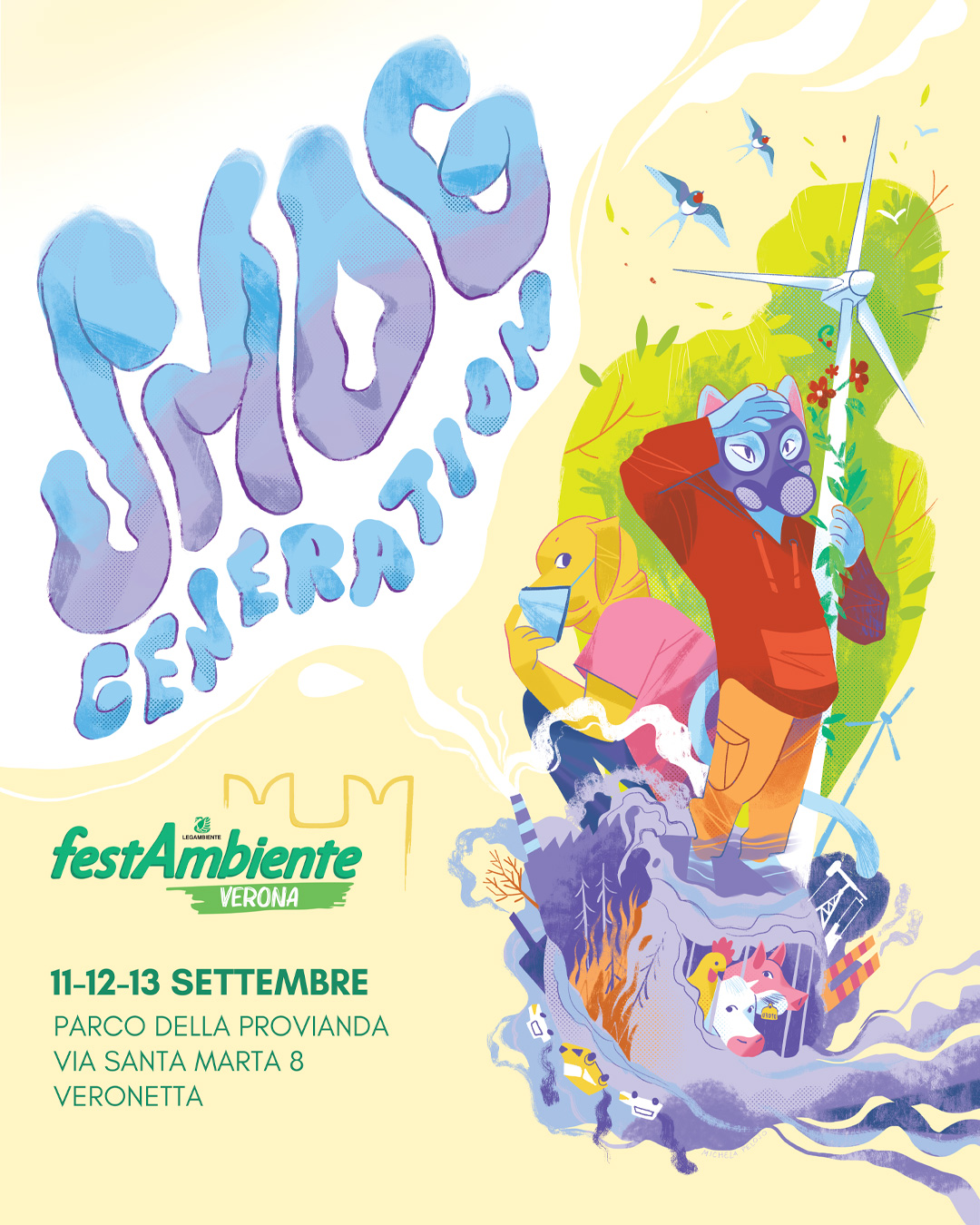 La locandina di Festambiente Verona 2026, Smog Generation: animali con la mascherina antismog tra fumo, pale eoliche e natura che rinasce